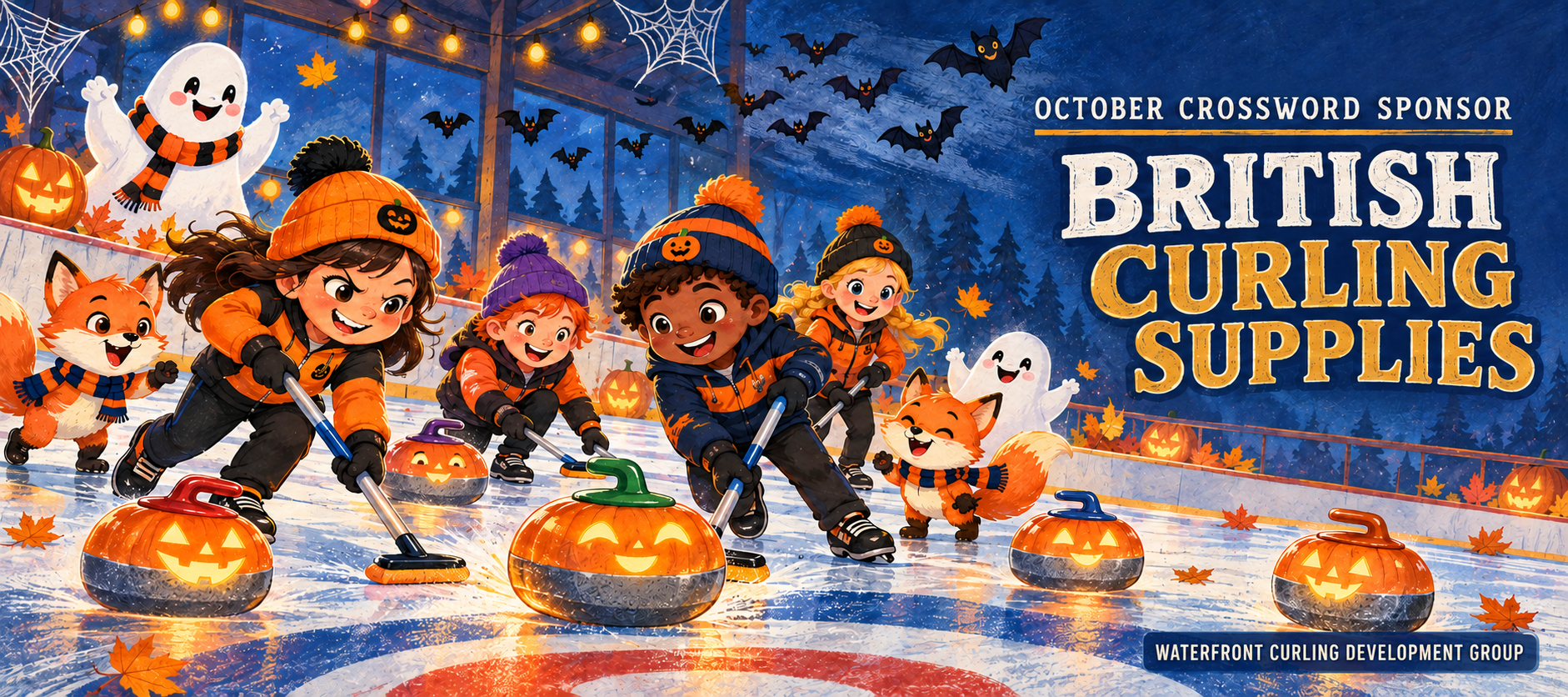 Friendly Halloween curling scene with young curlers, foxes, bats and glowing pumpkin stones